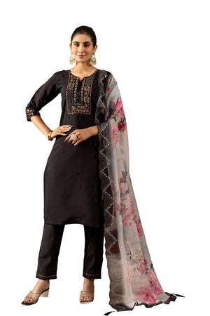 Hanch Roman Silk Embroidered Straight Kurti Set – Black