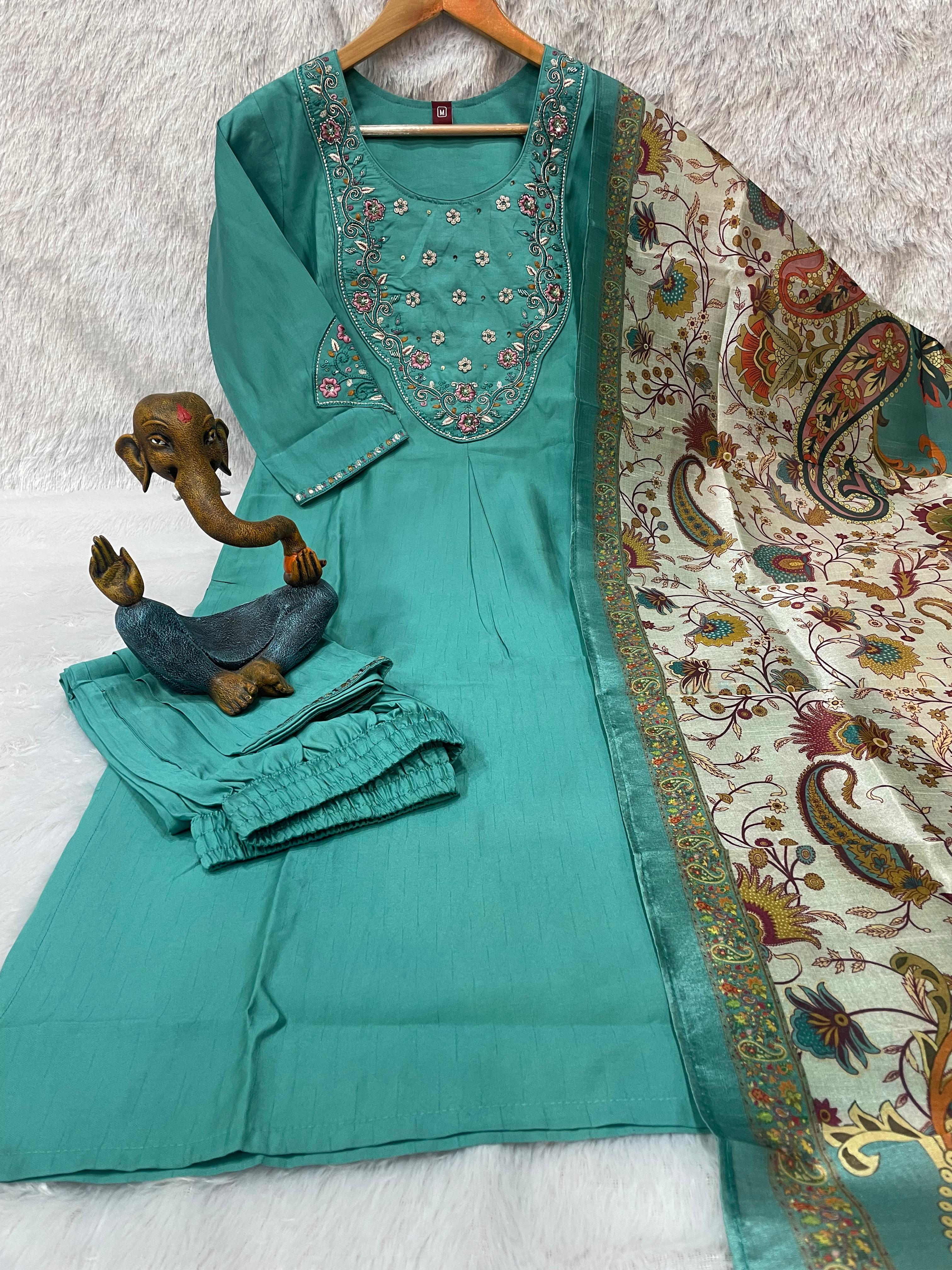 Hanch Premium Marina Silk Embroidered Straight Kurti Set – See Green