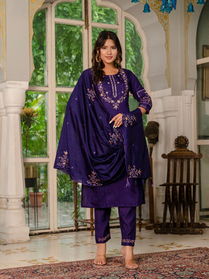 Hanch Marina Silk Embroidered Straight Kurti Set – Violet