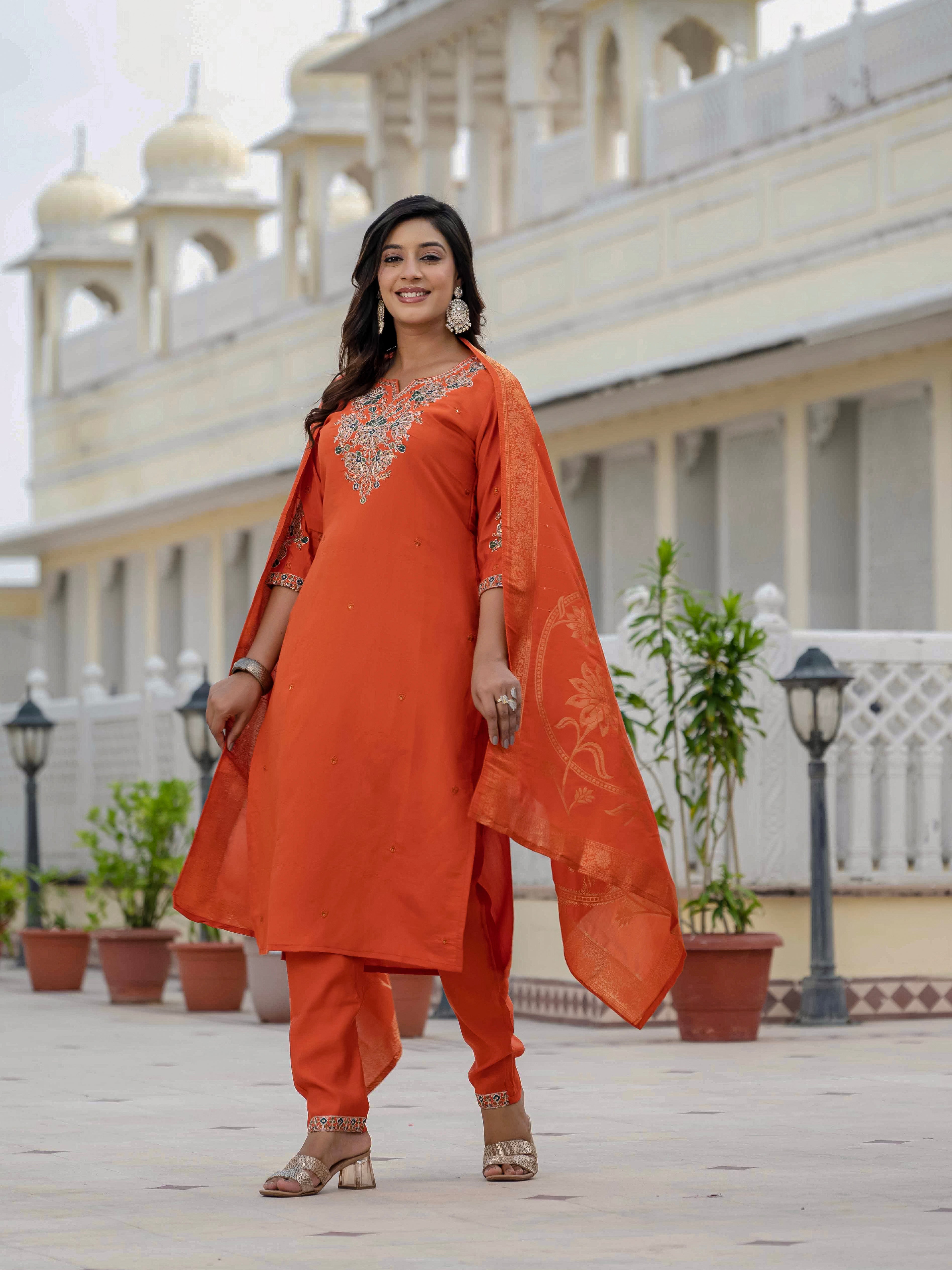 Hanch Premium Roman Silk Embroidered Straight Kurti Set – Orange