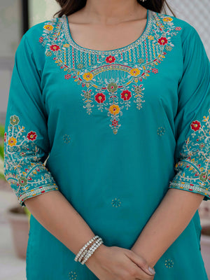 Hanch Premium Roman Silk Embroidered Straight Kurti Set – Firozi