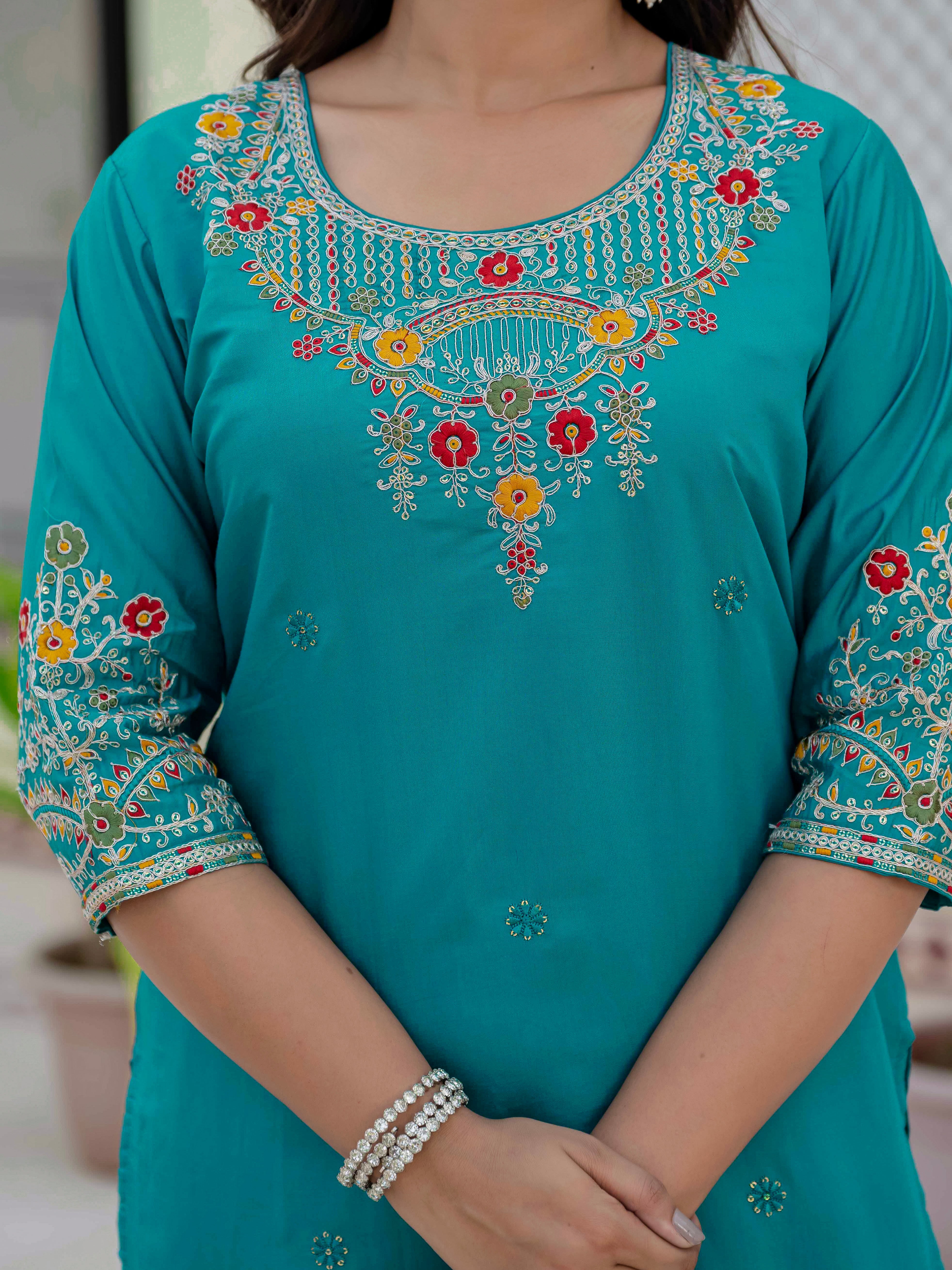 Hanch Premium Roman Silk Embroidered Straight Kurti Set – Firozi