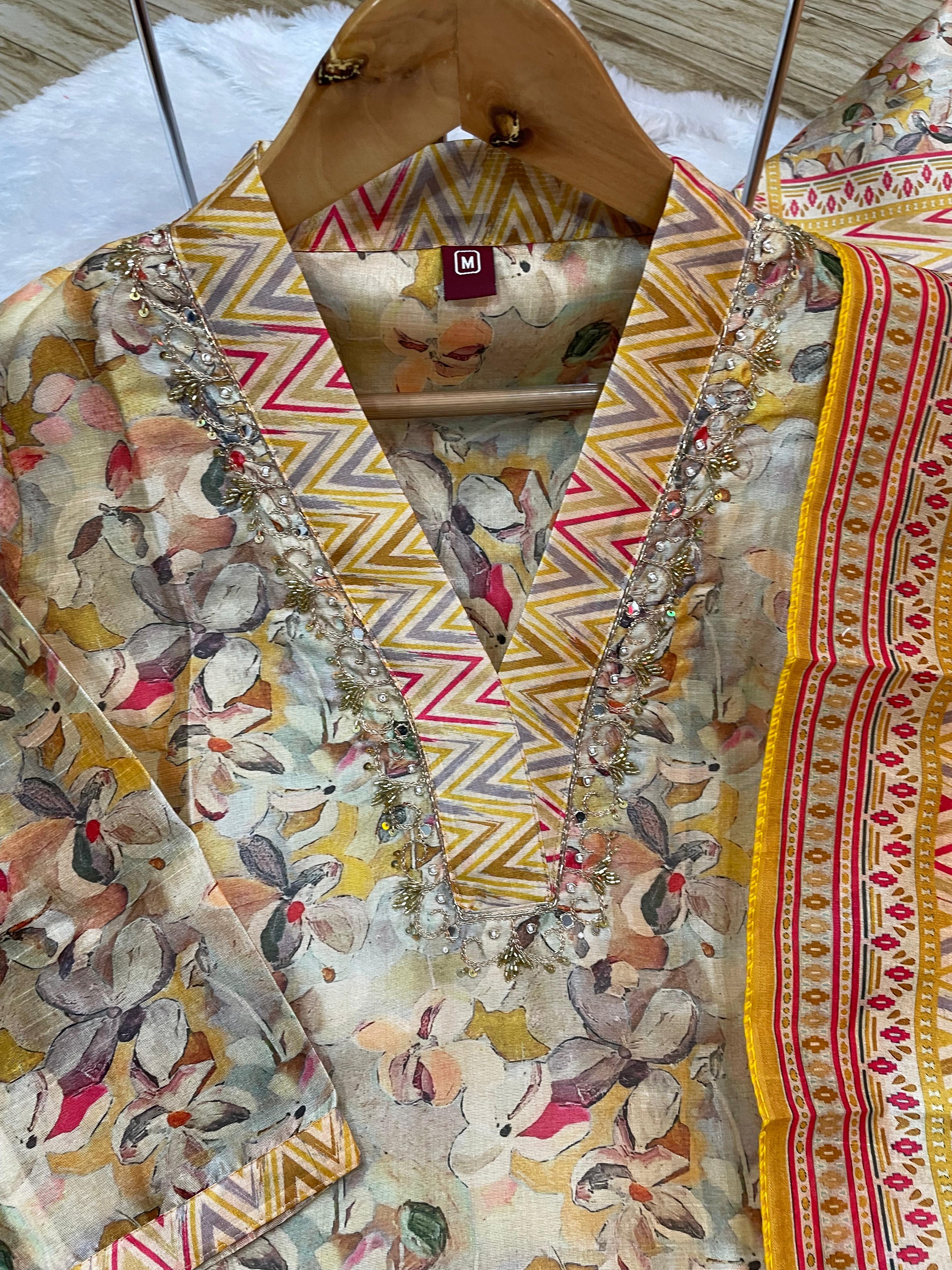 Hanch Zarna Silk Embroidered Straight Kurti Set – Ivory Yellow