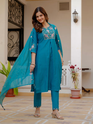 Hanch Pure Viscose Mango Silk Embroidered Straight Kurti Set – Firozi