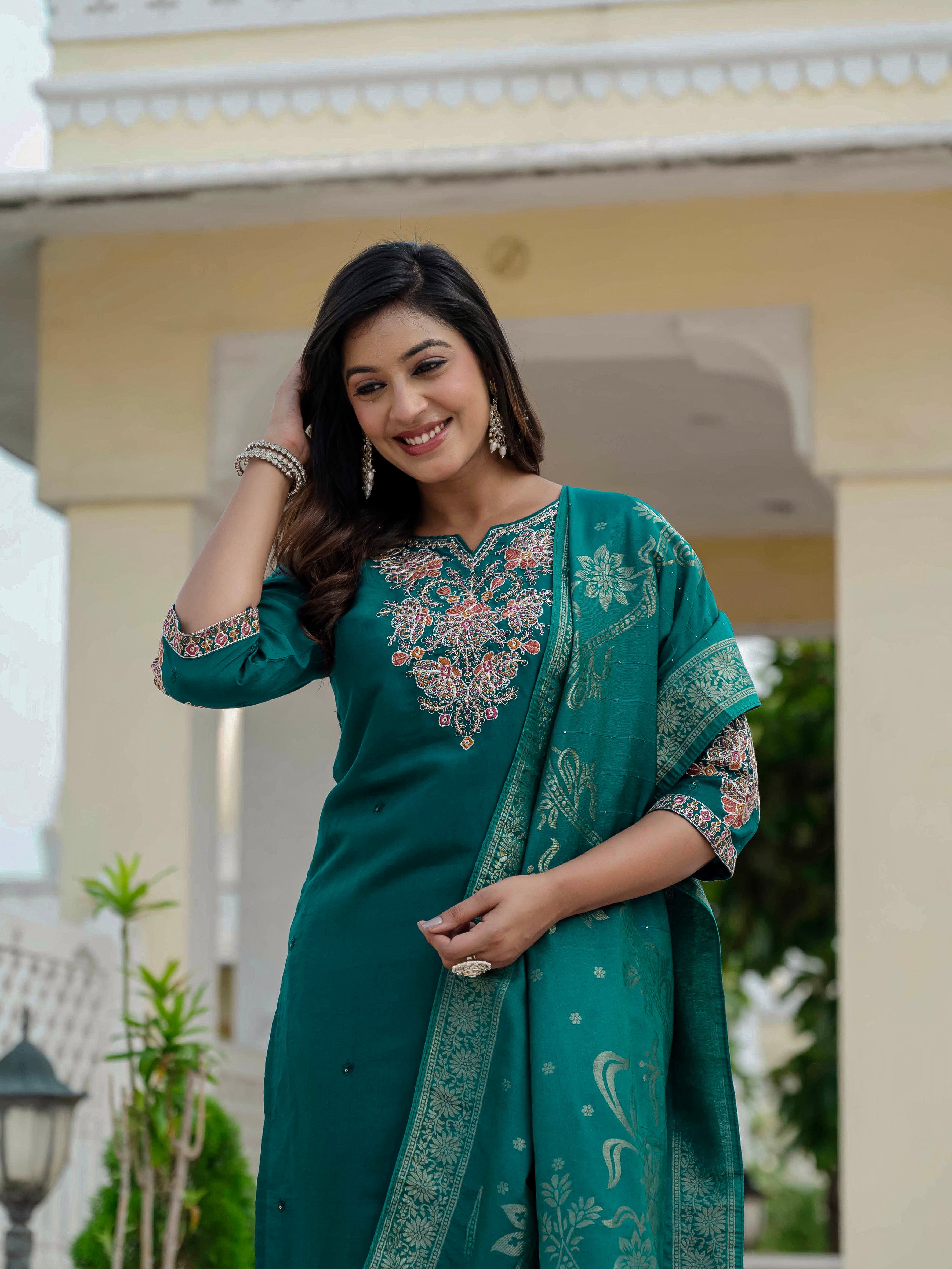 Hanch Premium Roman Silk Embroidered Straight Kurti Set – Rama Green