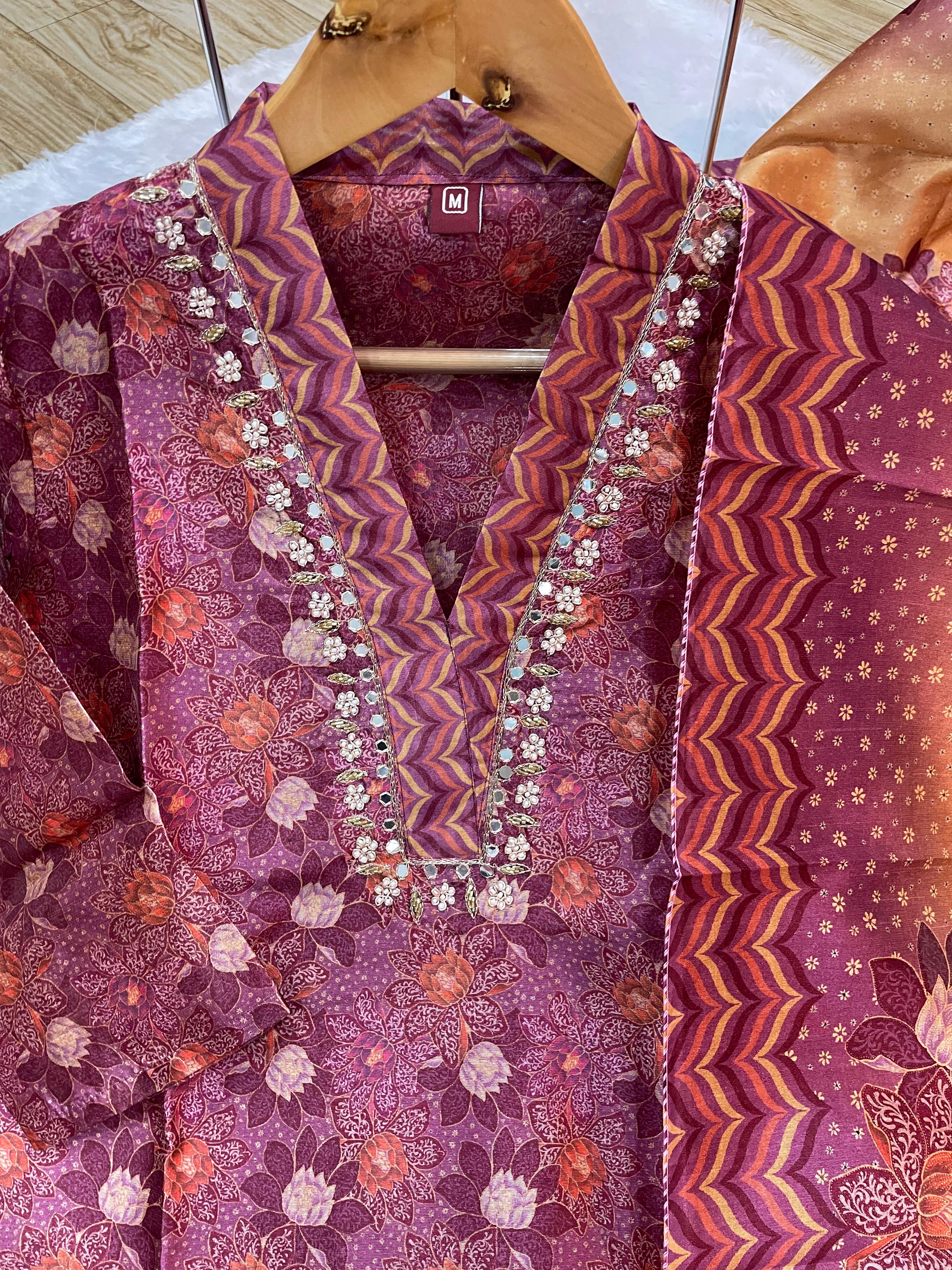 Hanch Zarna Silk Embroidered Straight Kurti Set – Wine Purple
