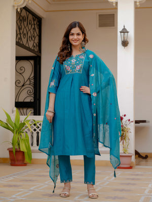 Hanch Pure Viscose Mango Silk Embroidered Straight Kurti Set – Firozi