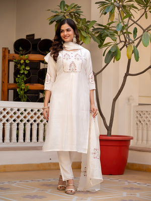 Hanch Pure Viscose Mango Silk Embroidered Straight Kurti Set – White