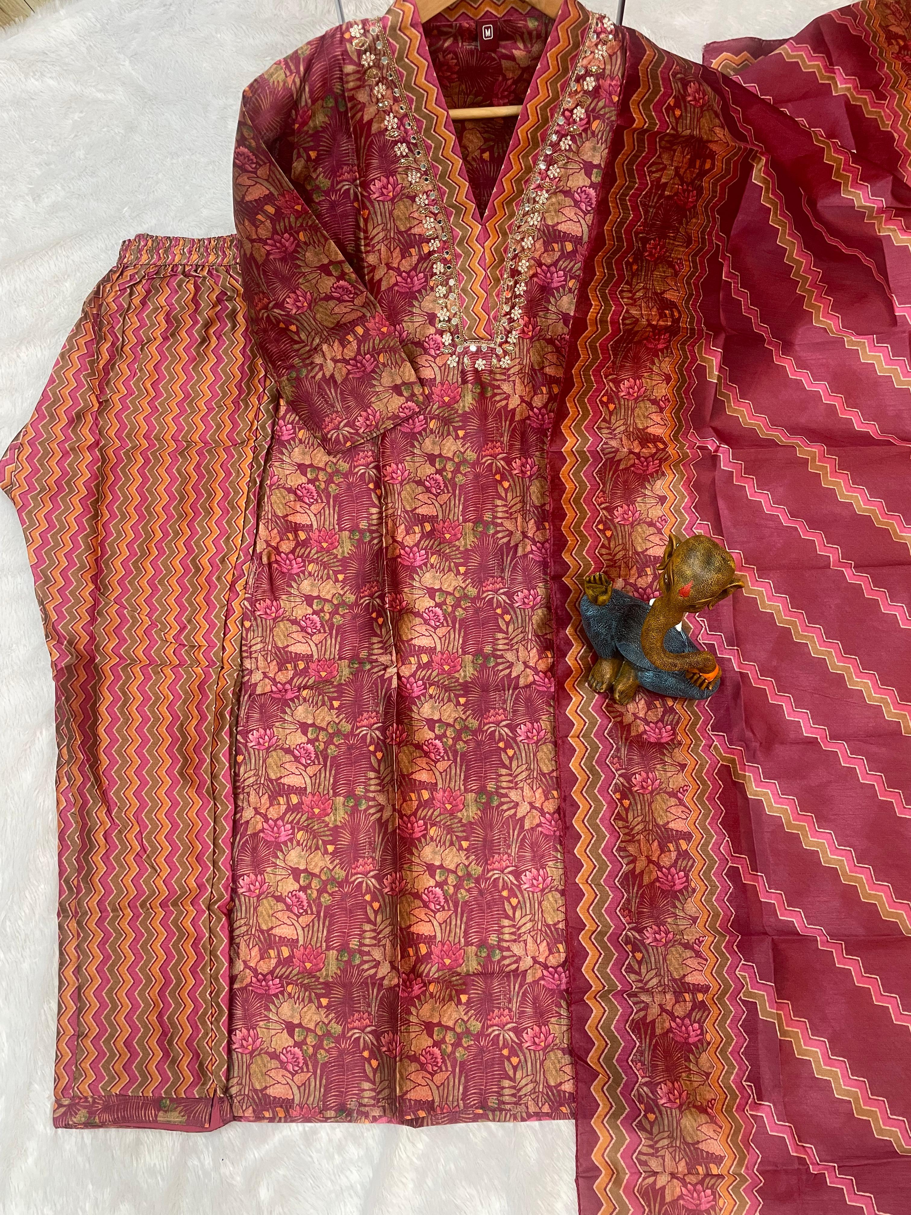 Hanch Zarna Silk Embroidered Straight Kurti Set – Maroon