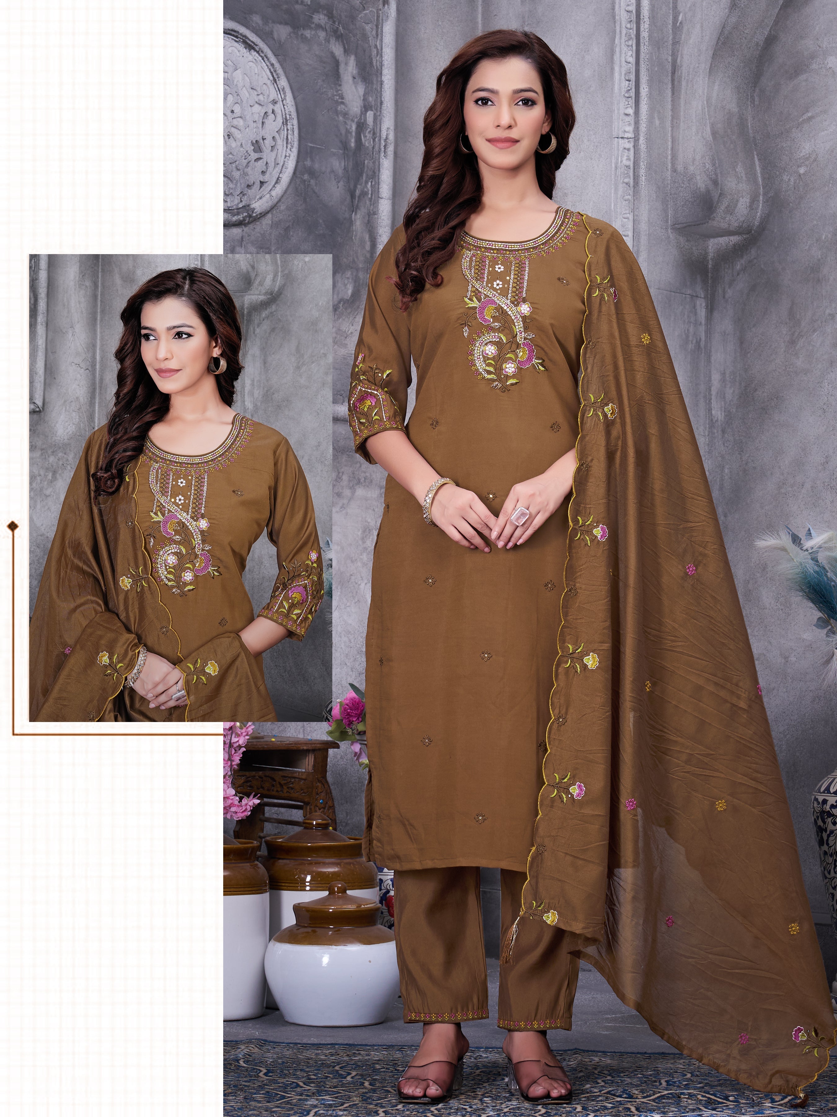 Hanch Roman Silk Embroidered Straight Kurti Set – Brown