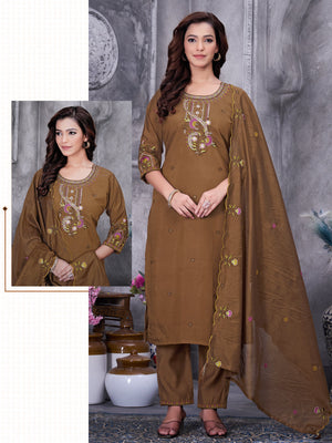 Hanch Roman Silk Embroidered Straight Kurti Set – Brown