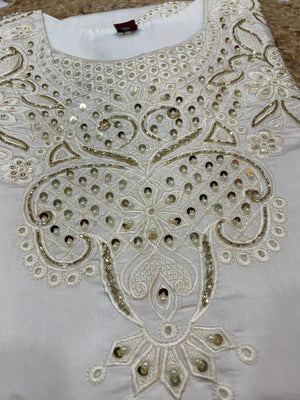 Hanch Heavy Viscose Roman Embroidered Straight Kurti Set – White