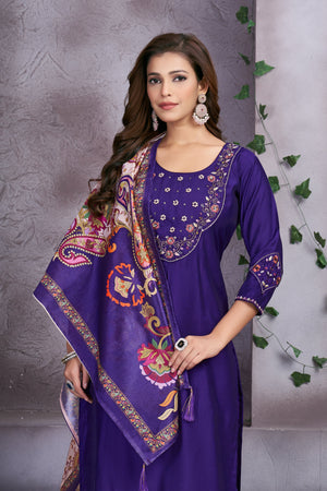 Hanch Premium Marina Silk Embroidered Straight Kurti Set – Violet