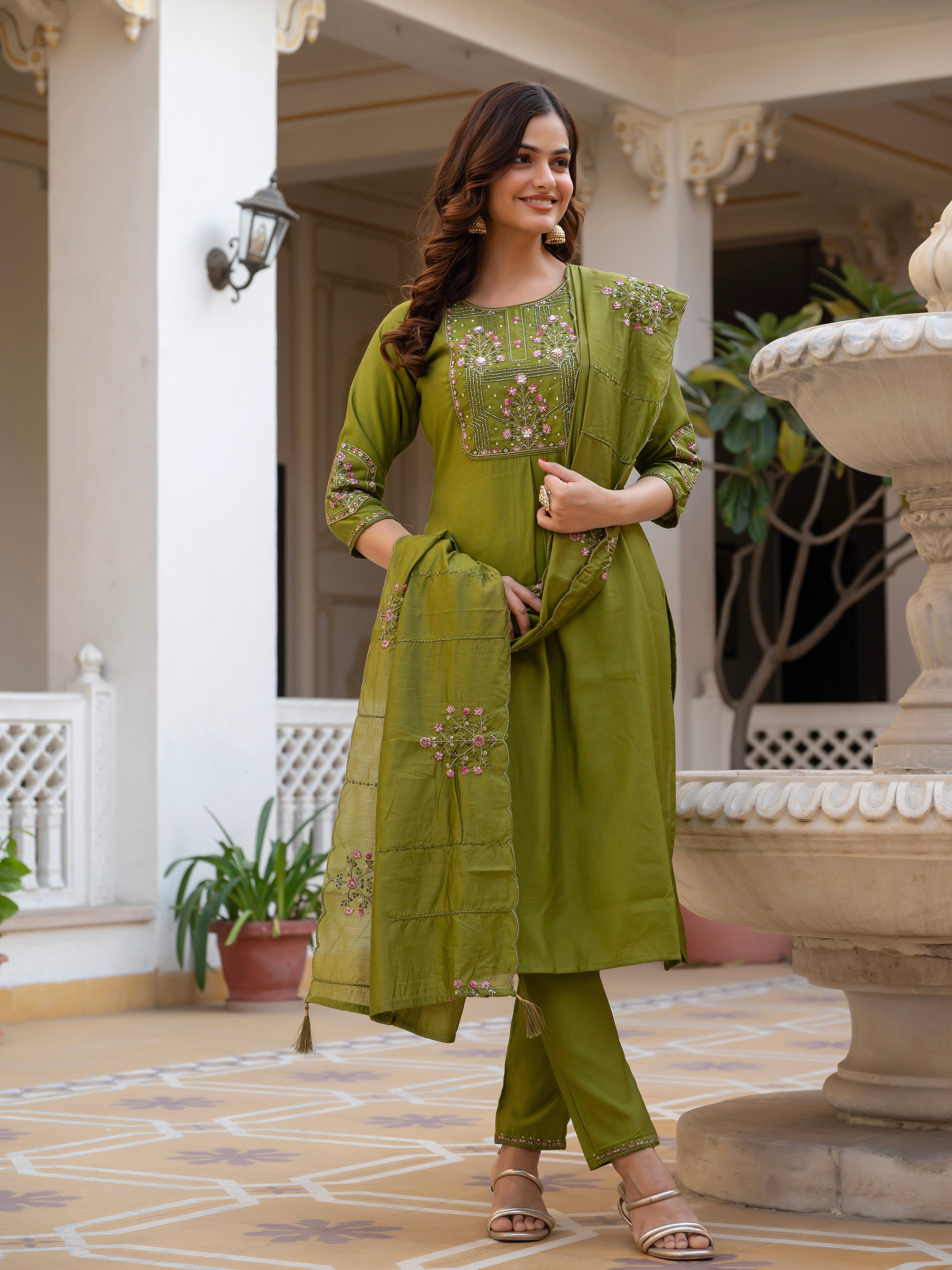 Hanch Pure Viscose Mango Silk Embroidered Straight Kurti Set – Mhendi Green