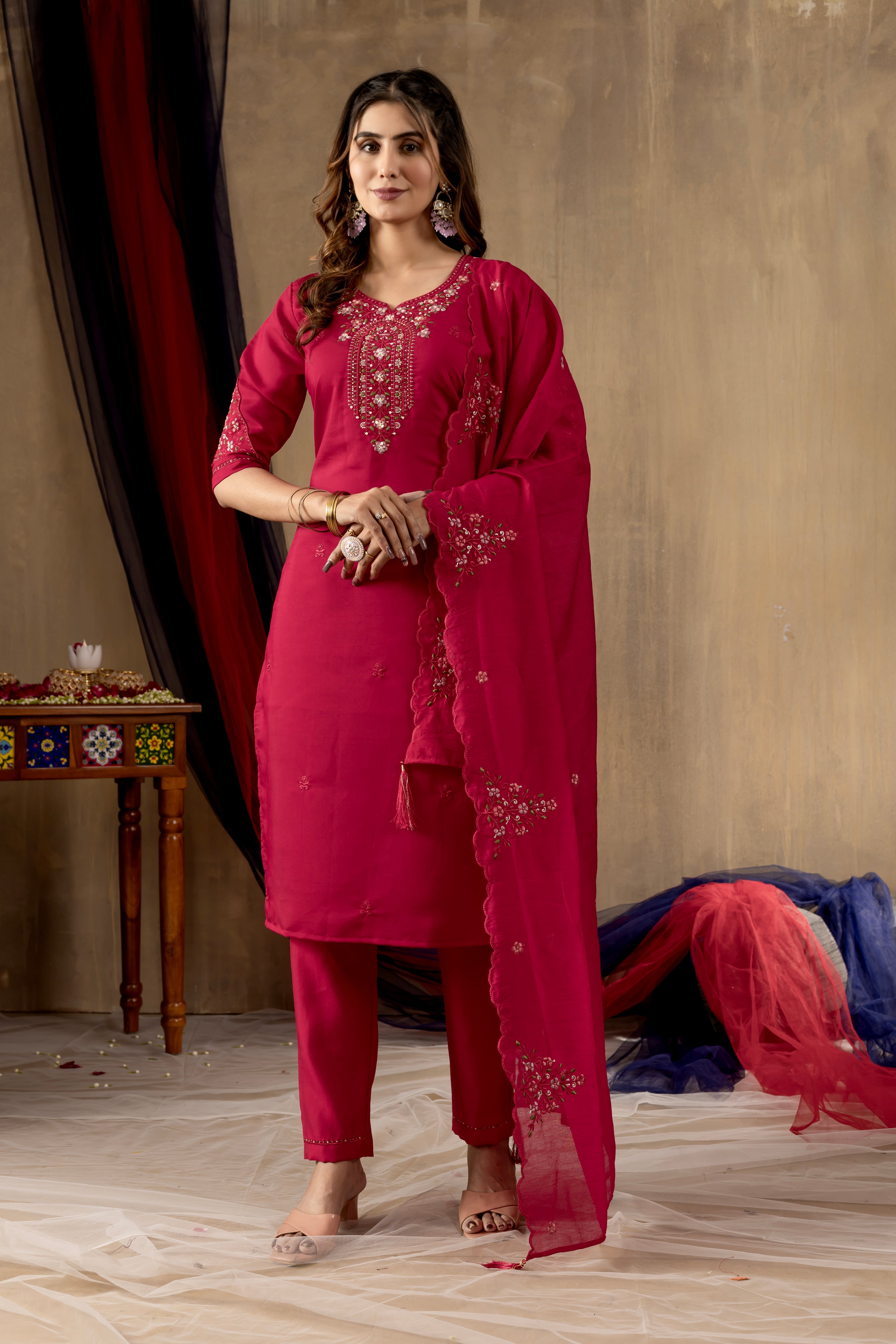 Hanch Roman Silk Embroidered Straight Kurti Set – Rani Pink