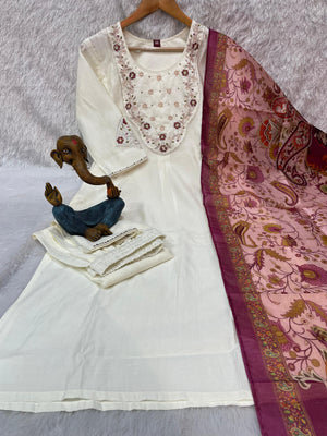 Hanch Premium Marina Silk Embroidered Straight Kurti Set – White
