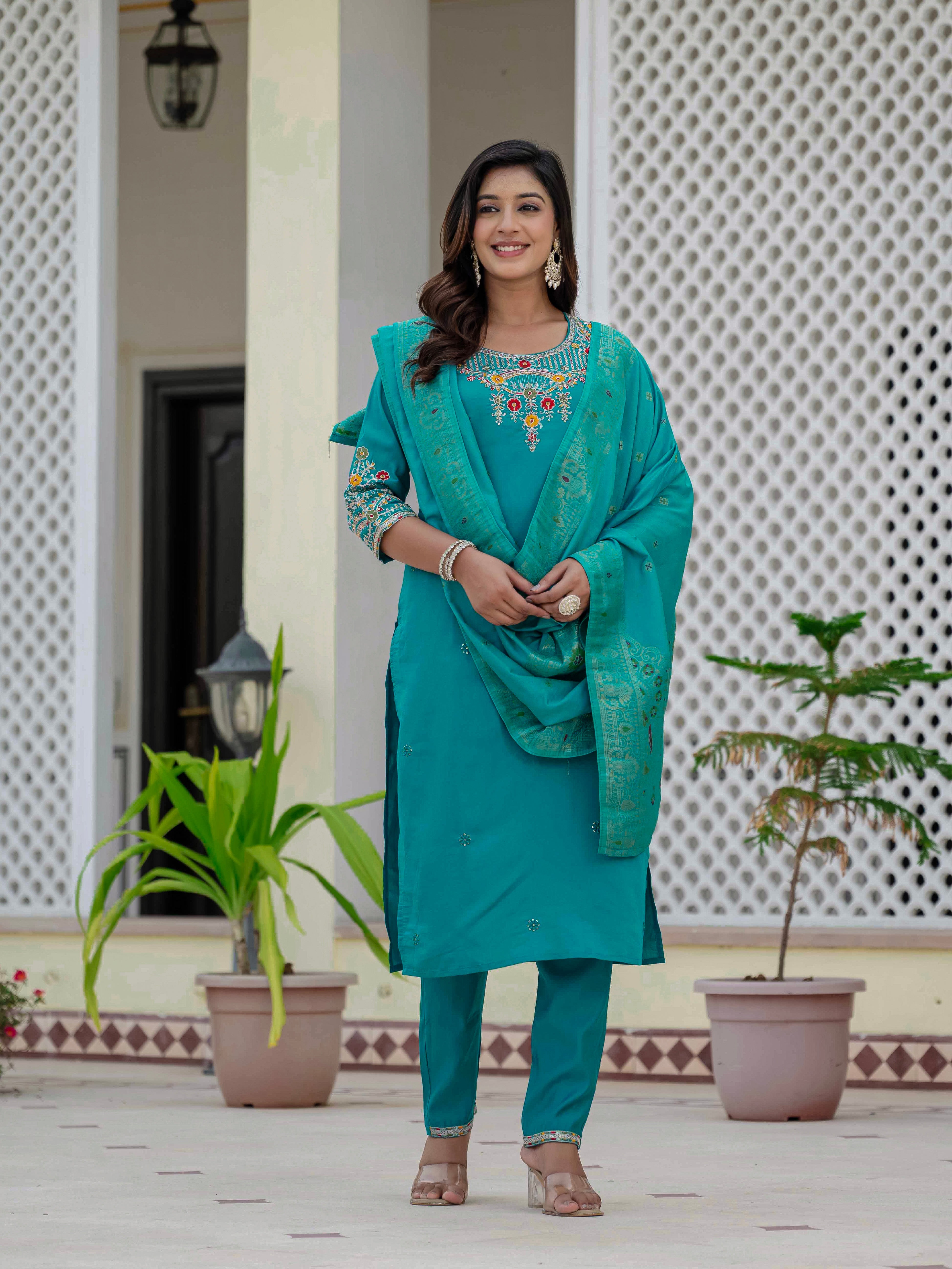Hanch Premium Roman Silk Embroidered Straight Kurti Set – Firozi