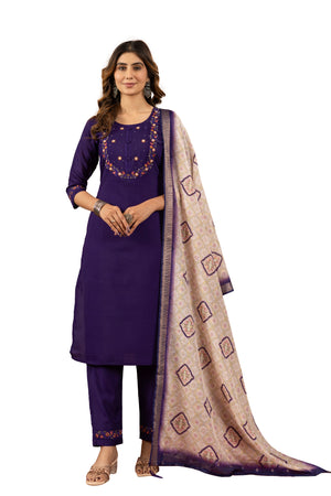 Hanch Marina Silk Embroidered Straight Kurti Set – Purple