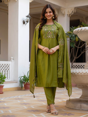 Hanch Pure Viscose Mango Silk Embroidered Straight Kurti Set – Mhendi Green
