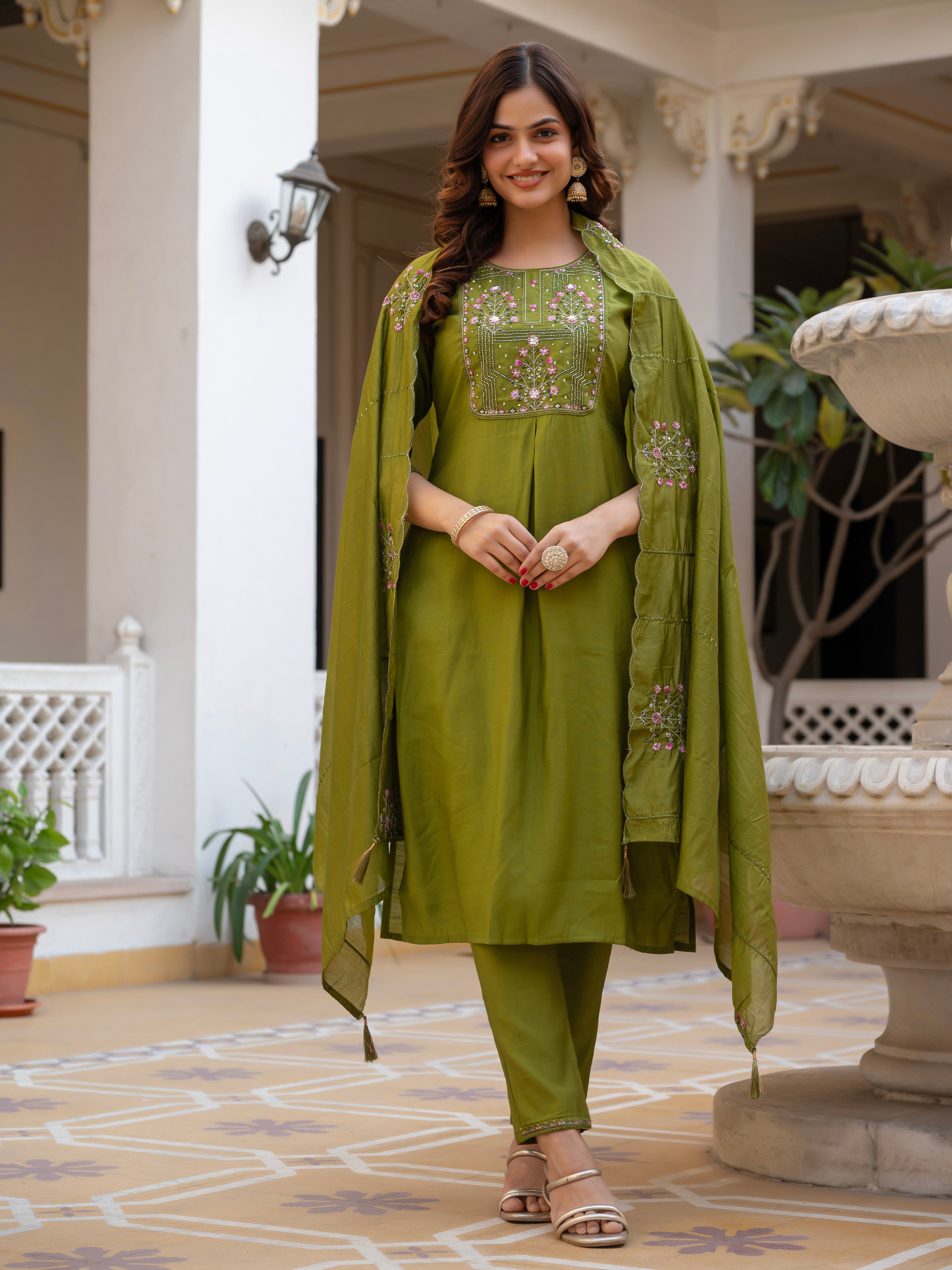 Hanch Pure Viscose Mango Silk Embroidered Straight Kurti Set – Mhendi Green