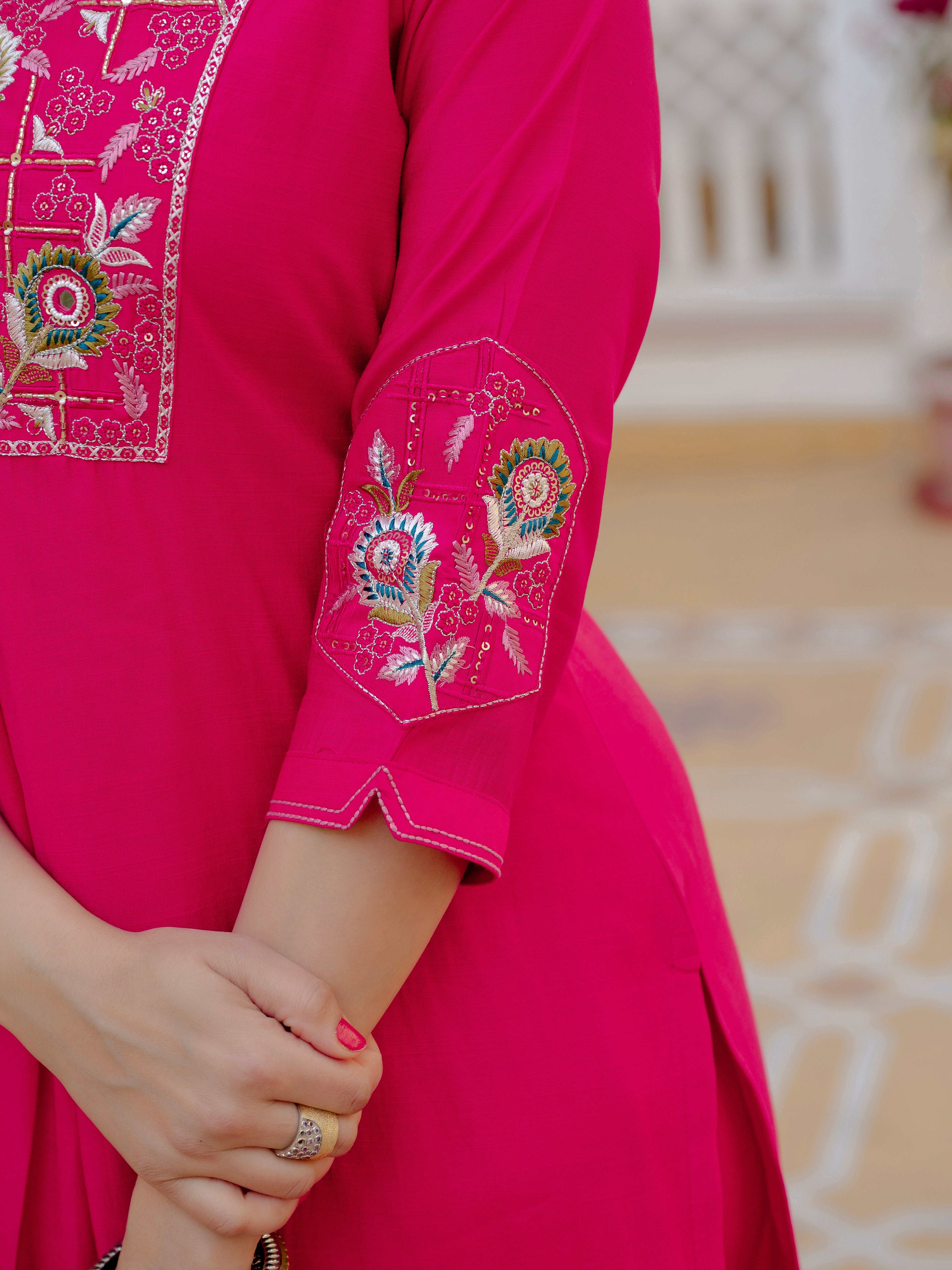 Hanch Pure Viscose Mango Silk Embroidered Straight Kurti Set – Pink