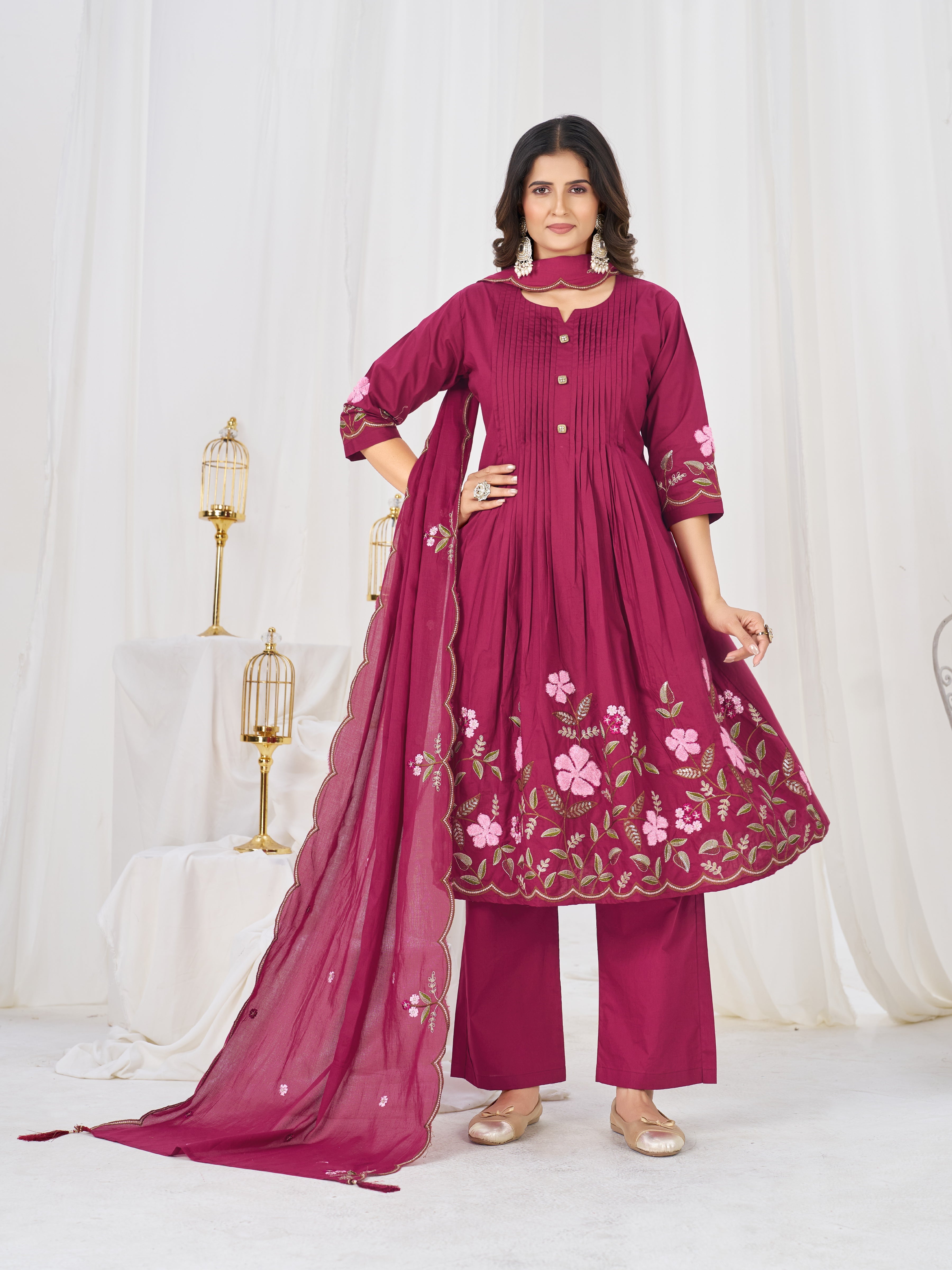 Hanch Pure Cotton Embroidered Anarkali Kurti Set – Pink
