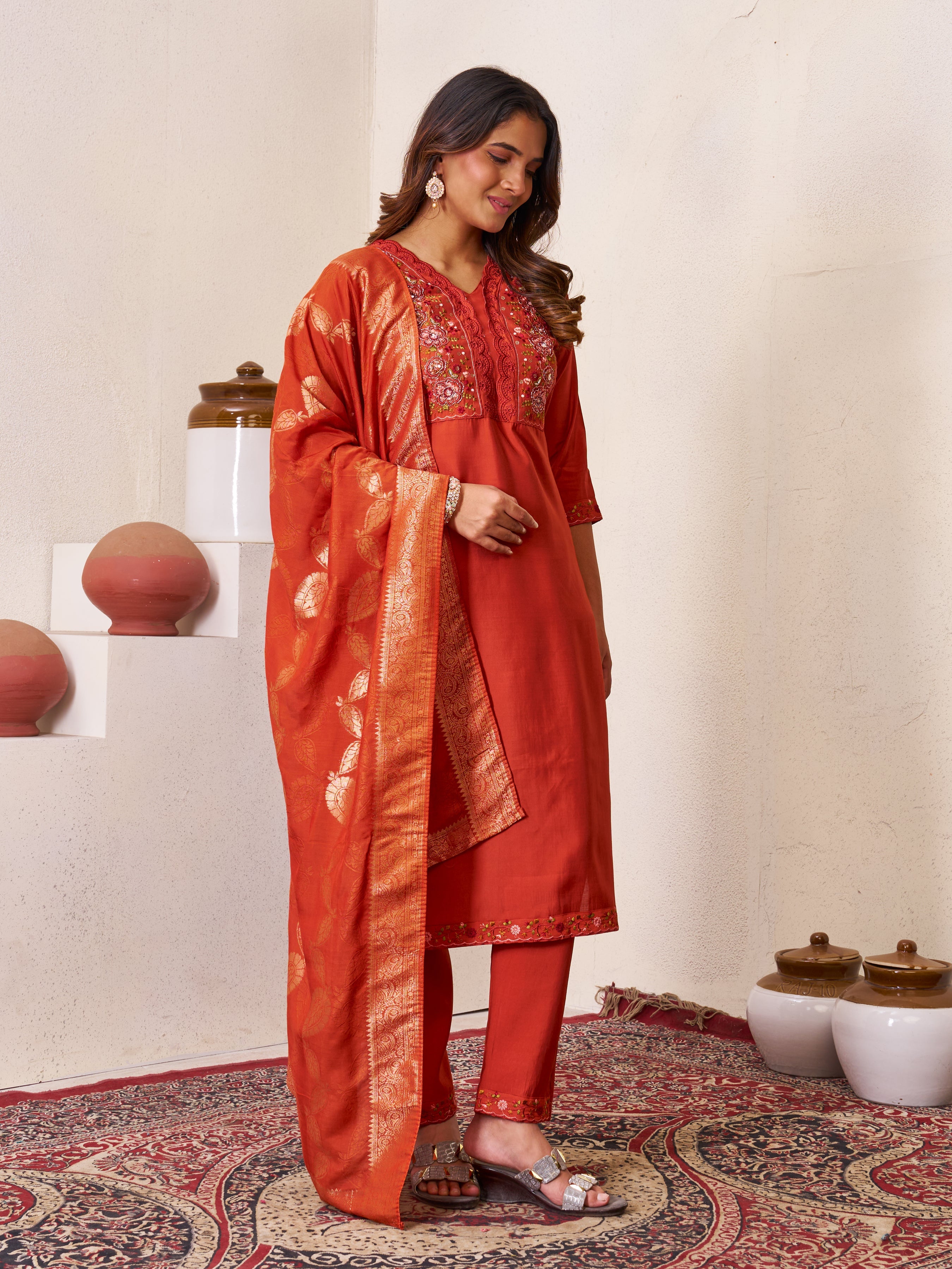Hanch Roman Silk Embroidered Straight Kurti Set – Rust
