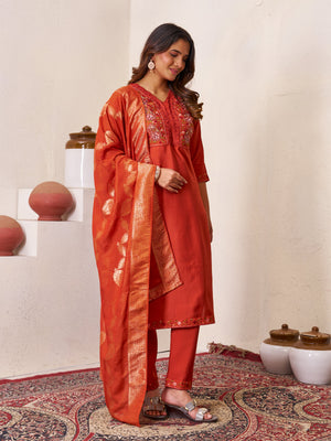 Hanch Roman Silk Embroidered Straight Kurti Set – Rust