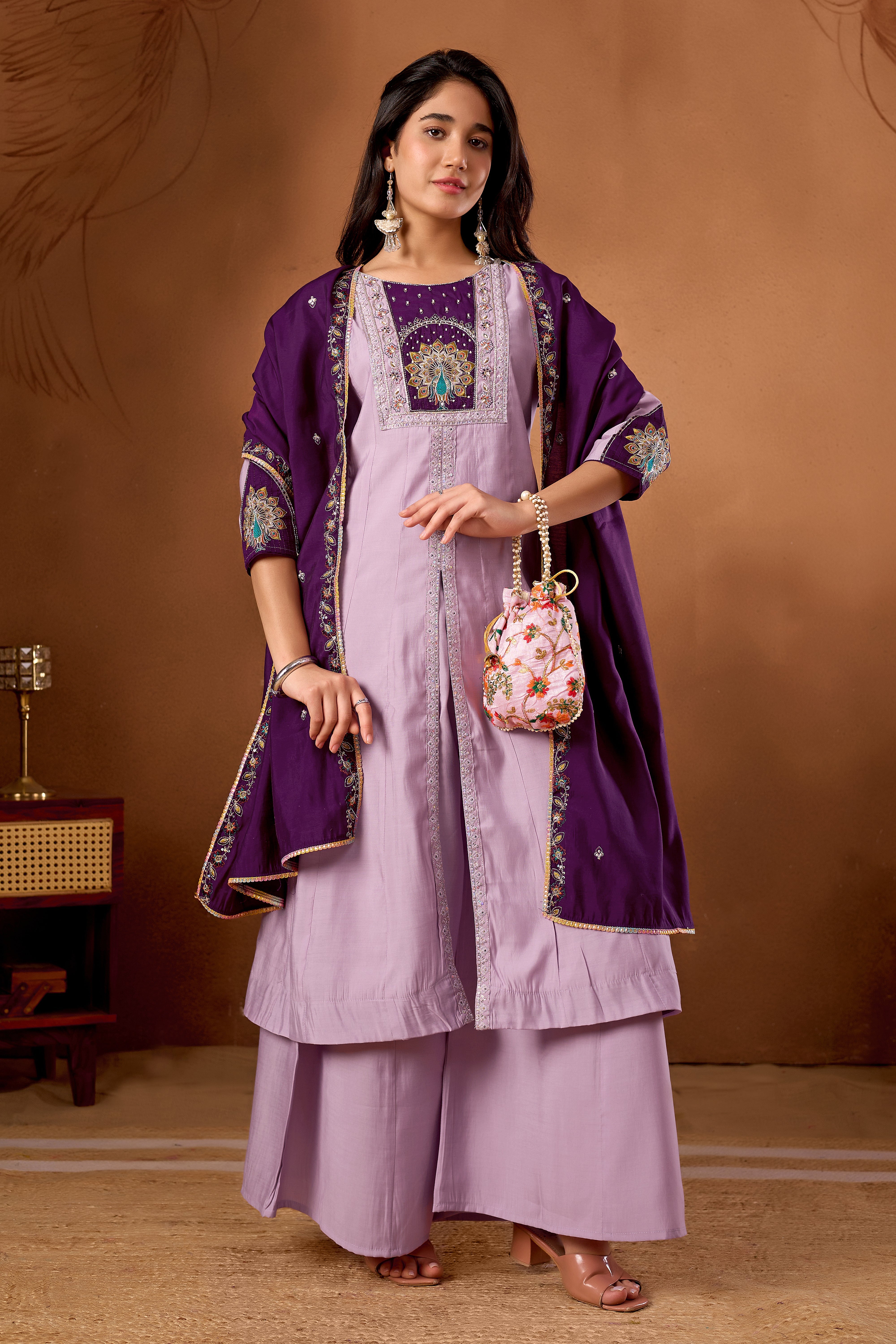Hanch Roman Silk Embroidered Anarkali Kurti Set – Light Lovender