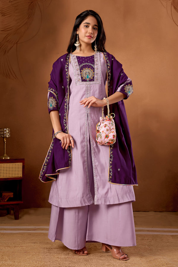 Hanch Roman Silk Embroidered Anarkali Kurti Set – Light Lovender