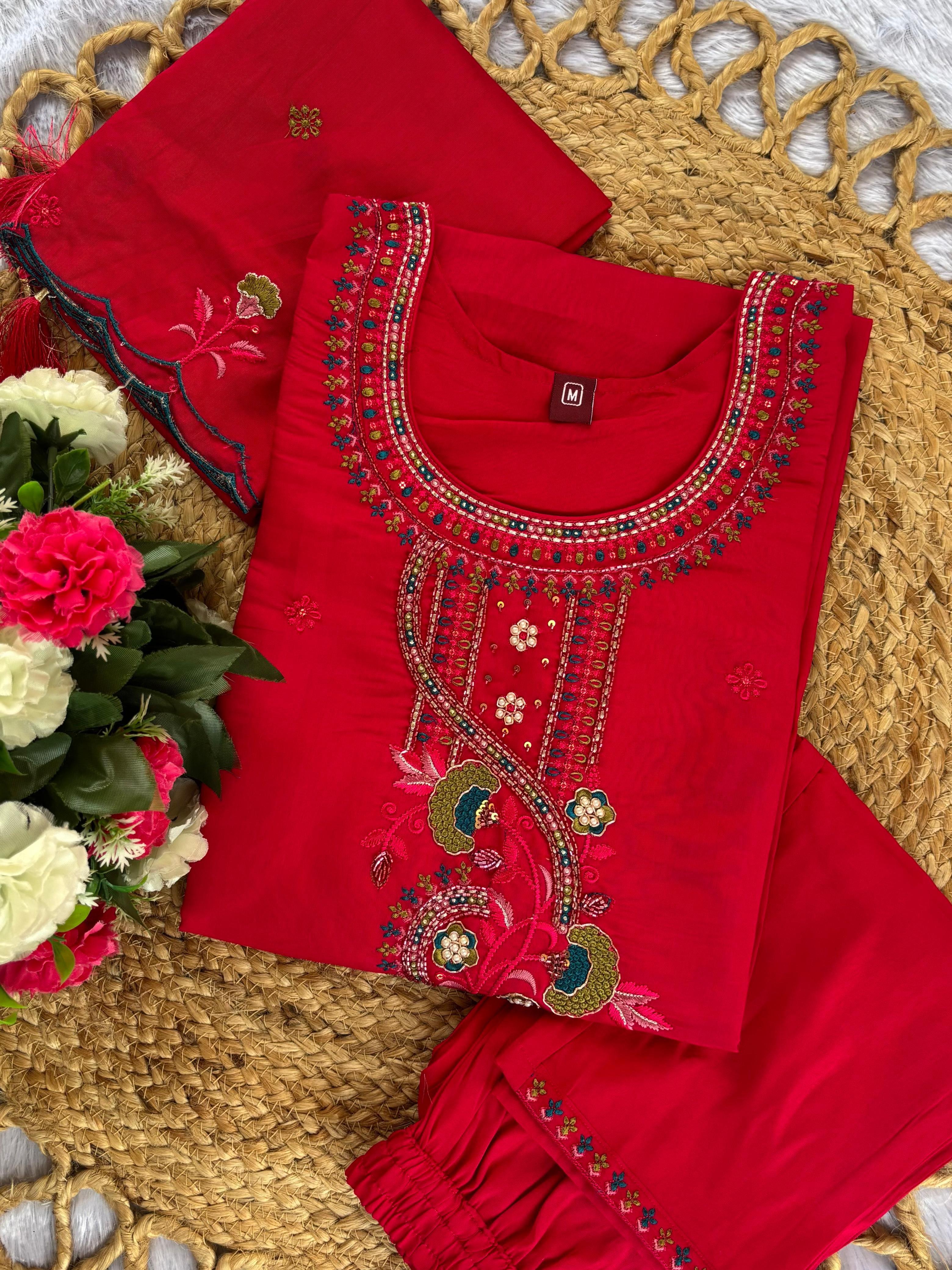 Hanch Roman Silk Embroidered Straight Kurti Set – Red