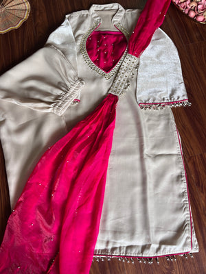 Hanch Roman Glass Silk Embroidered Kurti + Blouse + Palazzo Set – Ivory & Rani Pink
