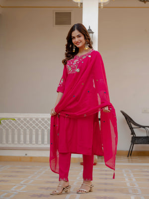 Hanch Pure Viscose Mango Silk Embroidered Straight Kurti Set – Pink