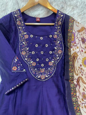 Hanch Premium Marina Silk Embroidered Straight Kurti Set – Violet
