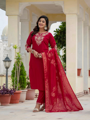 Hanch Premium Roman Silk Embroidered Straight Kurti Set – Maroon