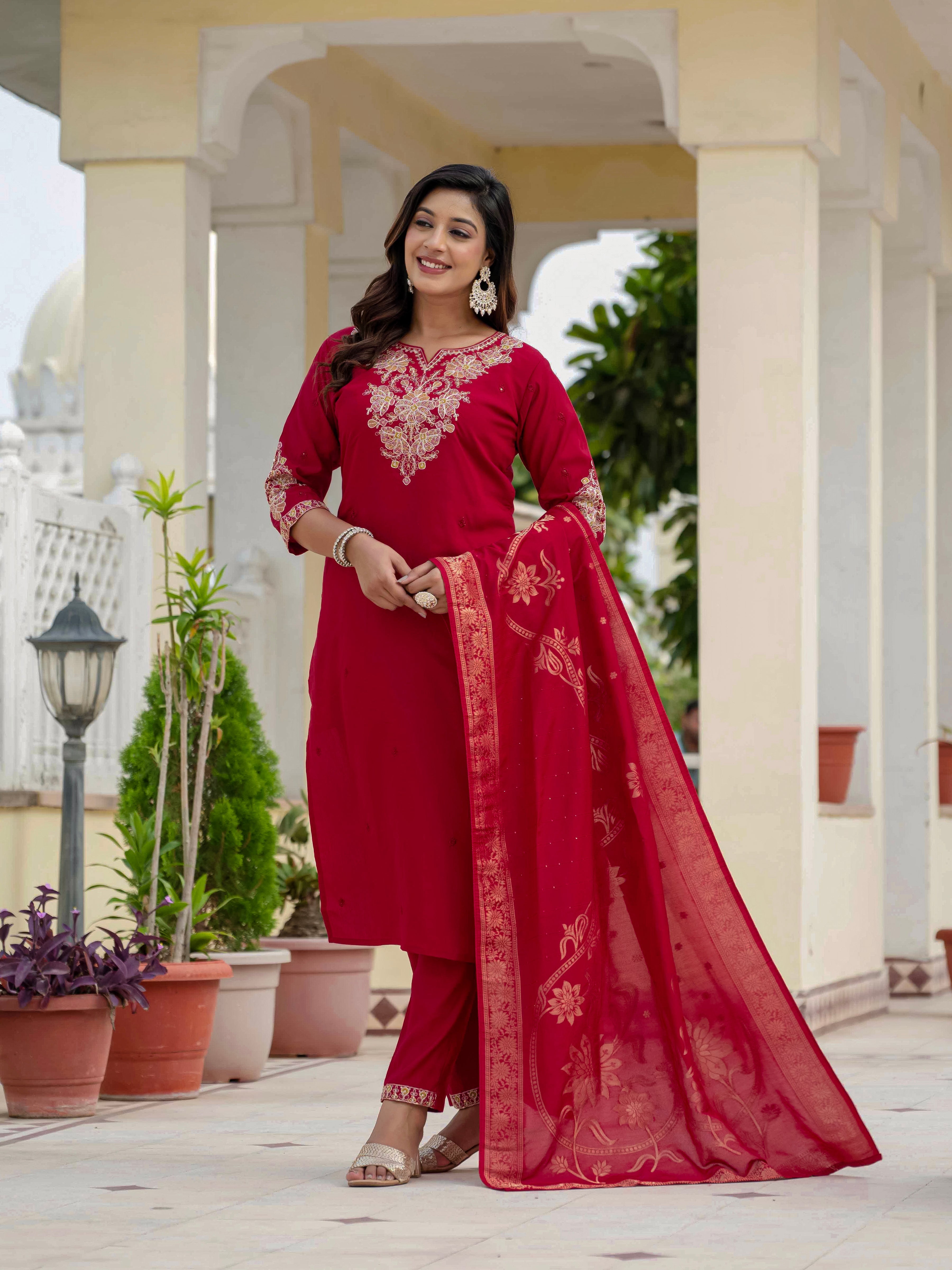 Hanch Premium Roman Silk Embroidered Straight Kurti Set – Maroon