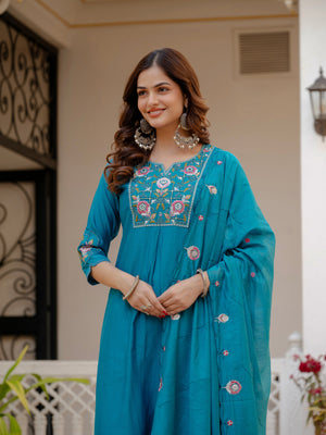 Hanch Pure Viscose Mango Silk Embroidered Straight Kurti Set – Firozi
