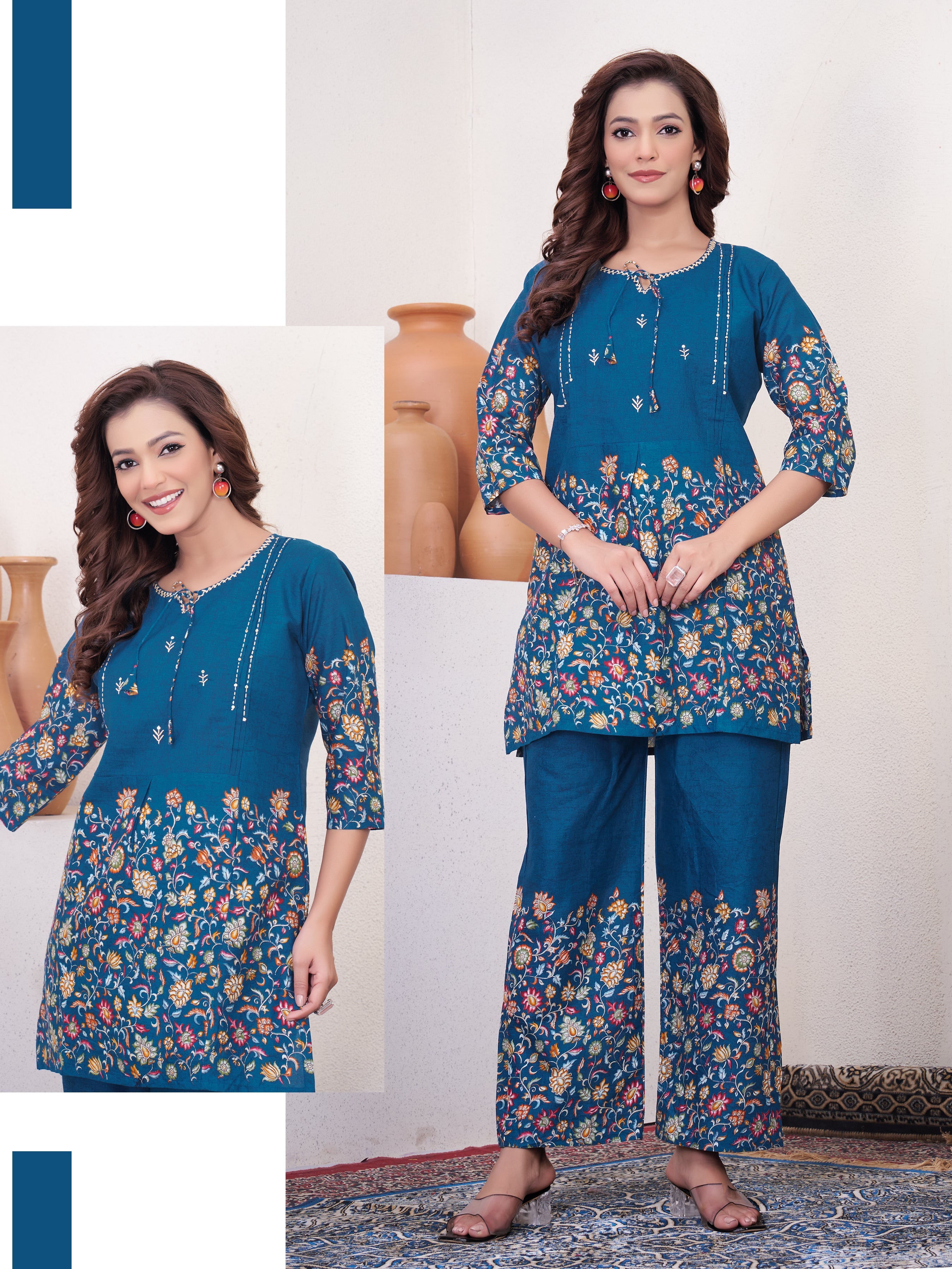 Hanch Pure Cotton Printed Co-Ords Set – Blue