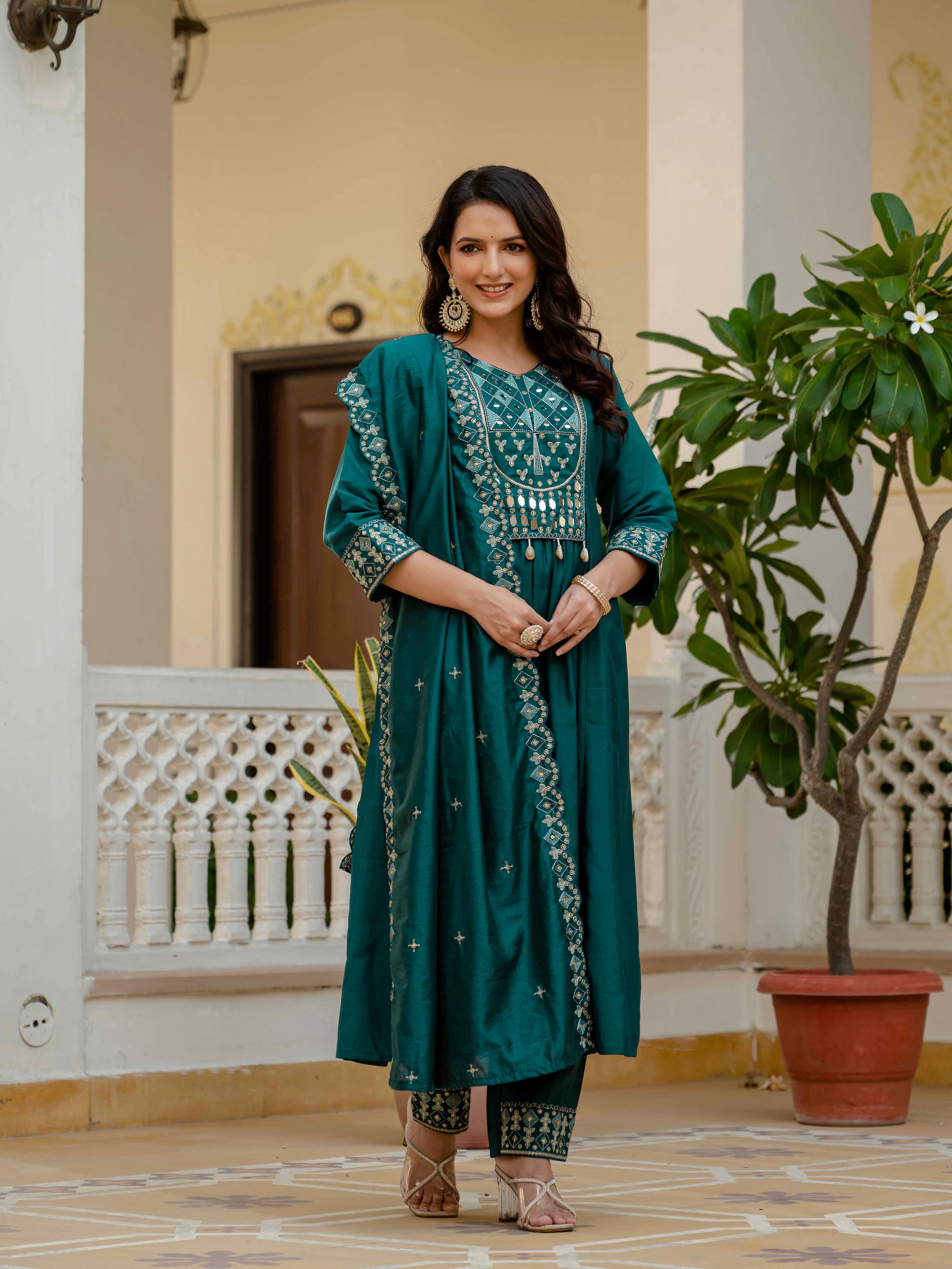 Hanch Viscose Roman Silk Embroidered Anarkali Kurti Set – Teal