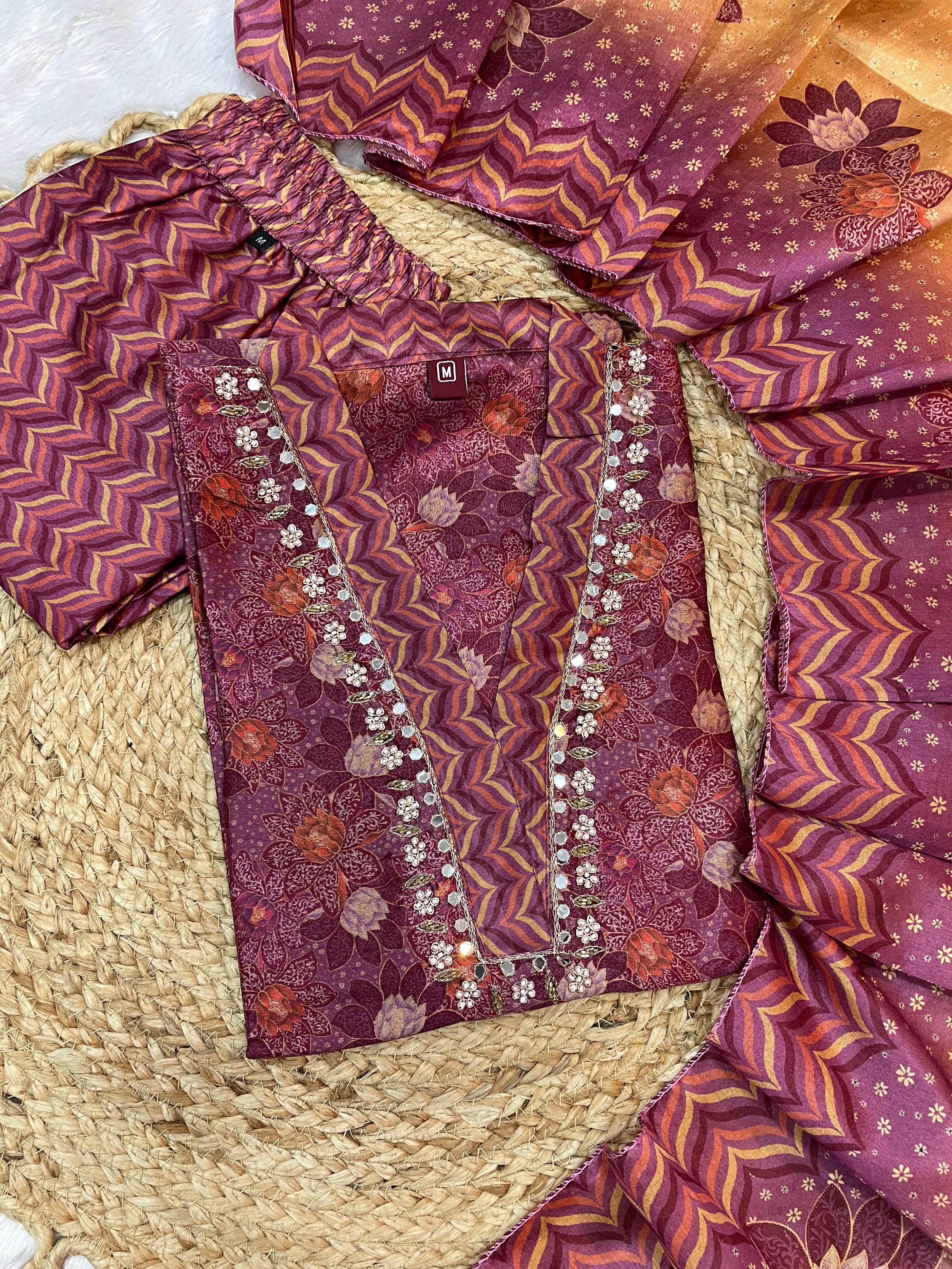 Hanch Zarna Silk Embroidered Straight Kurti Set – Wine Purple