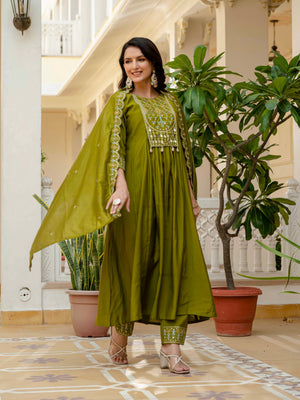 Hanch Viscose Roman Silk Embroidered Anarkali Kurti Set – Mahendi