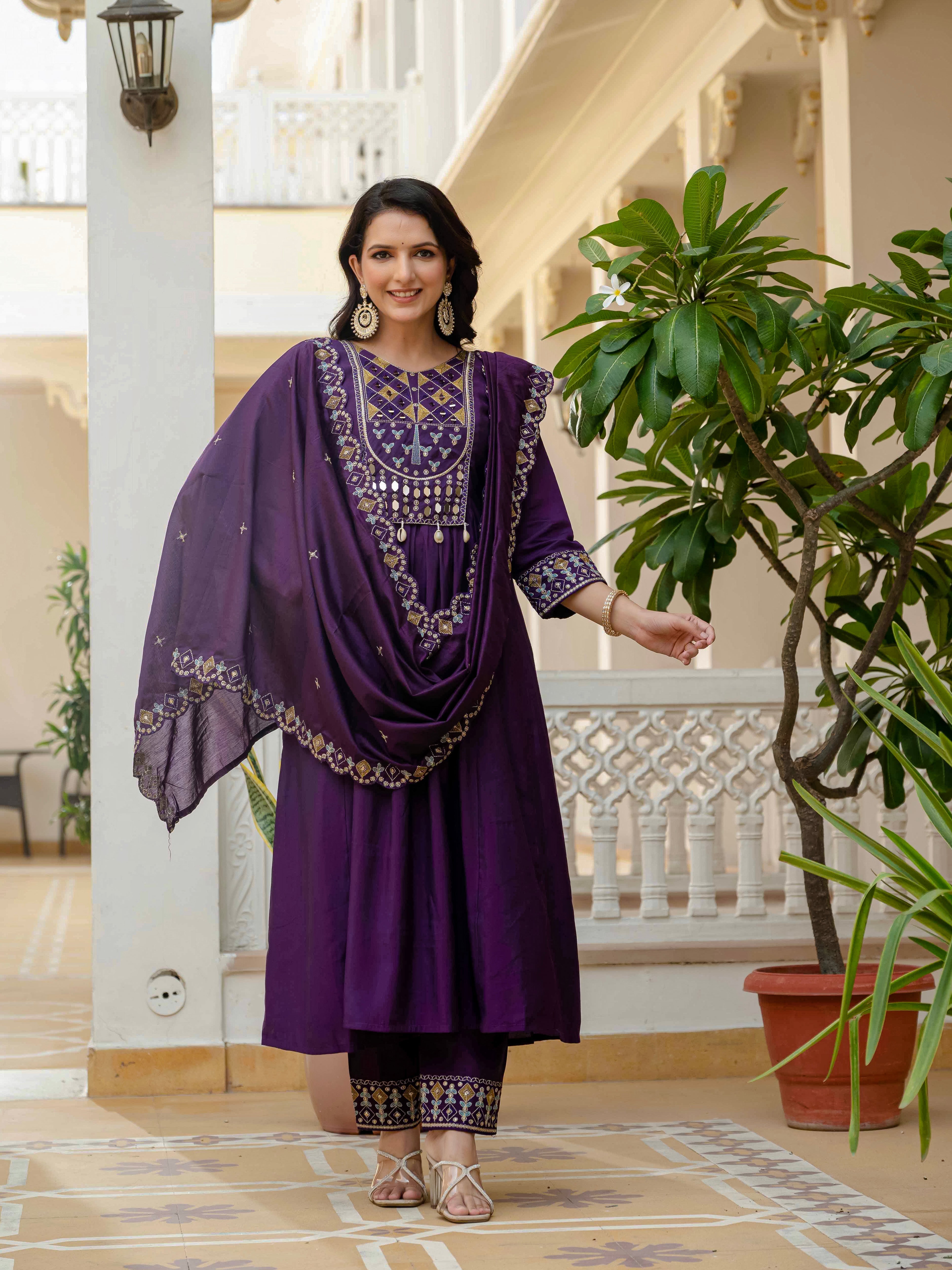Hanch Viscose Roman Silk Embroidered Anarkali Kurti Set – Purple