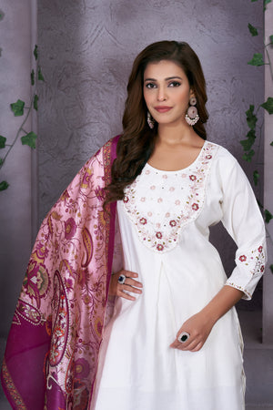 Hanch Premium Marina Silk Embroidered Straight Kurti Set – White