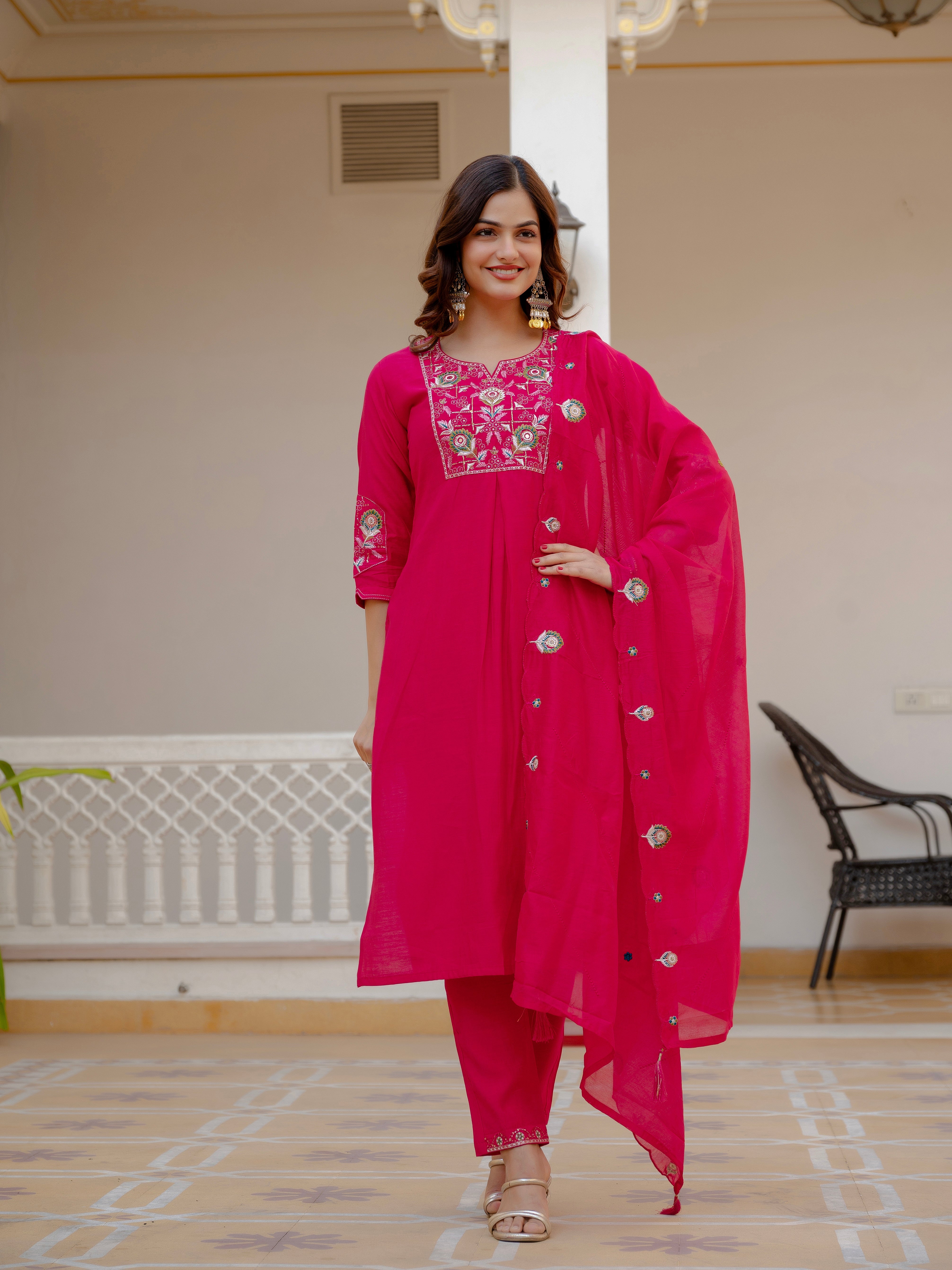 Hanch Pure Viscose Mango Silk Embroidered Straight Kurti Set – Pink
