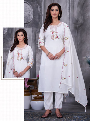 Hanch Roman Silk Embroidered Straight Kurti Set – White