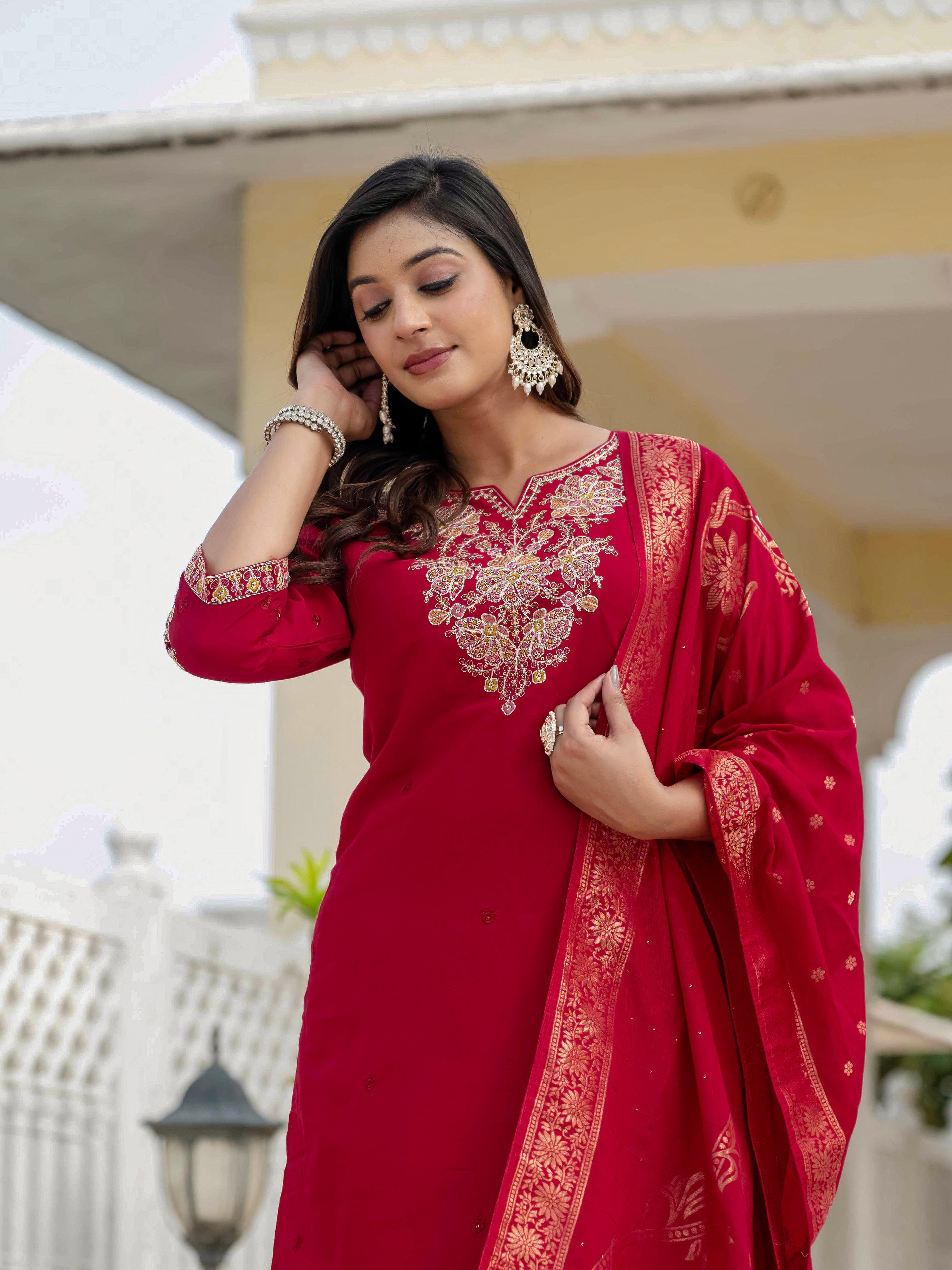 Hanch Premium Roman Silk Embroidered Straight Kurti Set – Maroon
