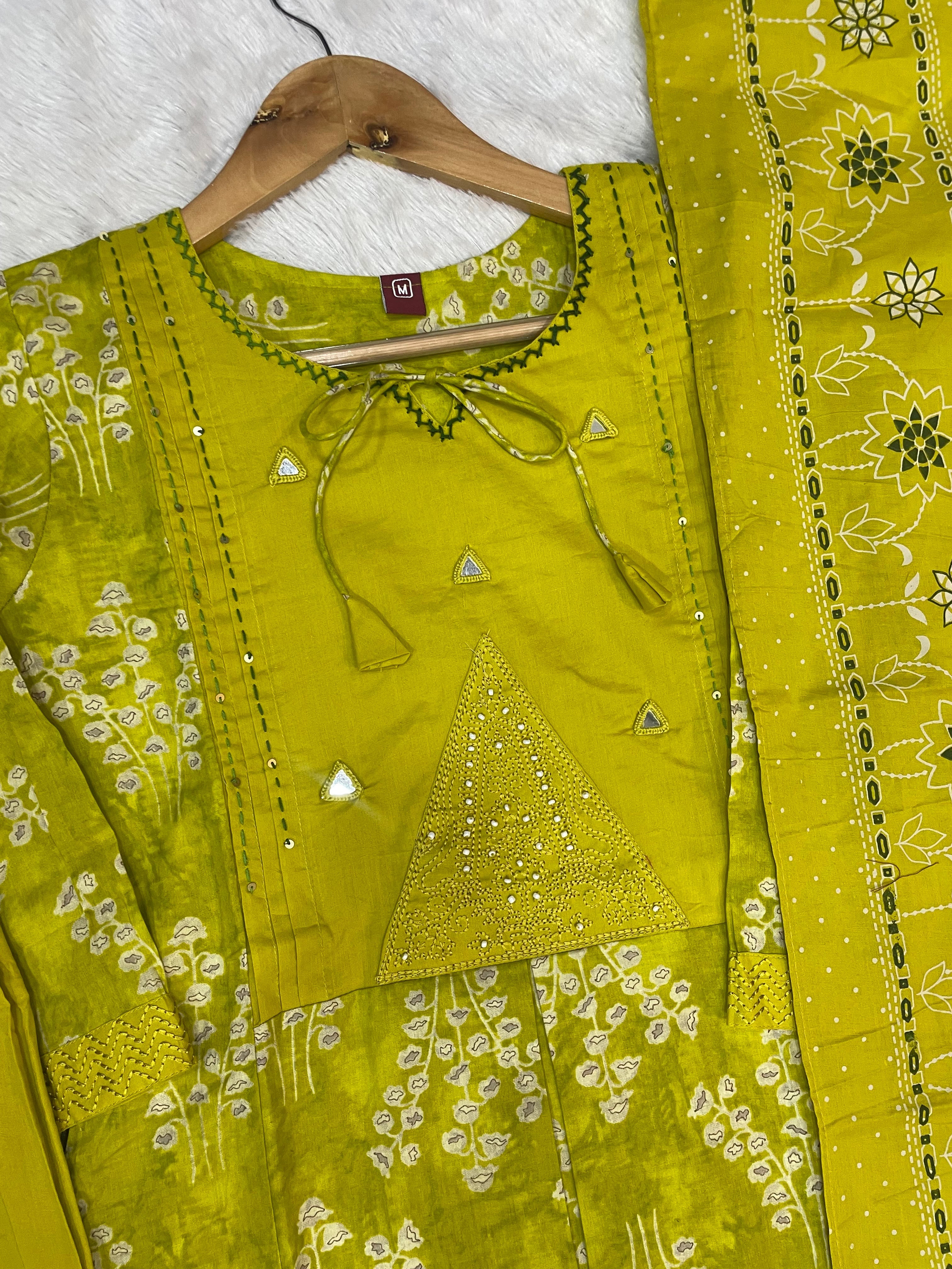 Hanch Pure Cotton Embroidered Straight Kurti Set – Yellow Green