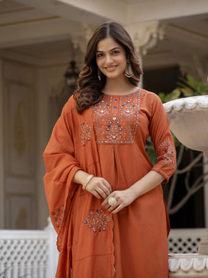 Hanch Pure Viscose Mango Silk Embroidered Straight Kurti Set – Rust