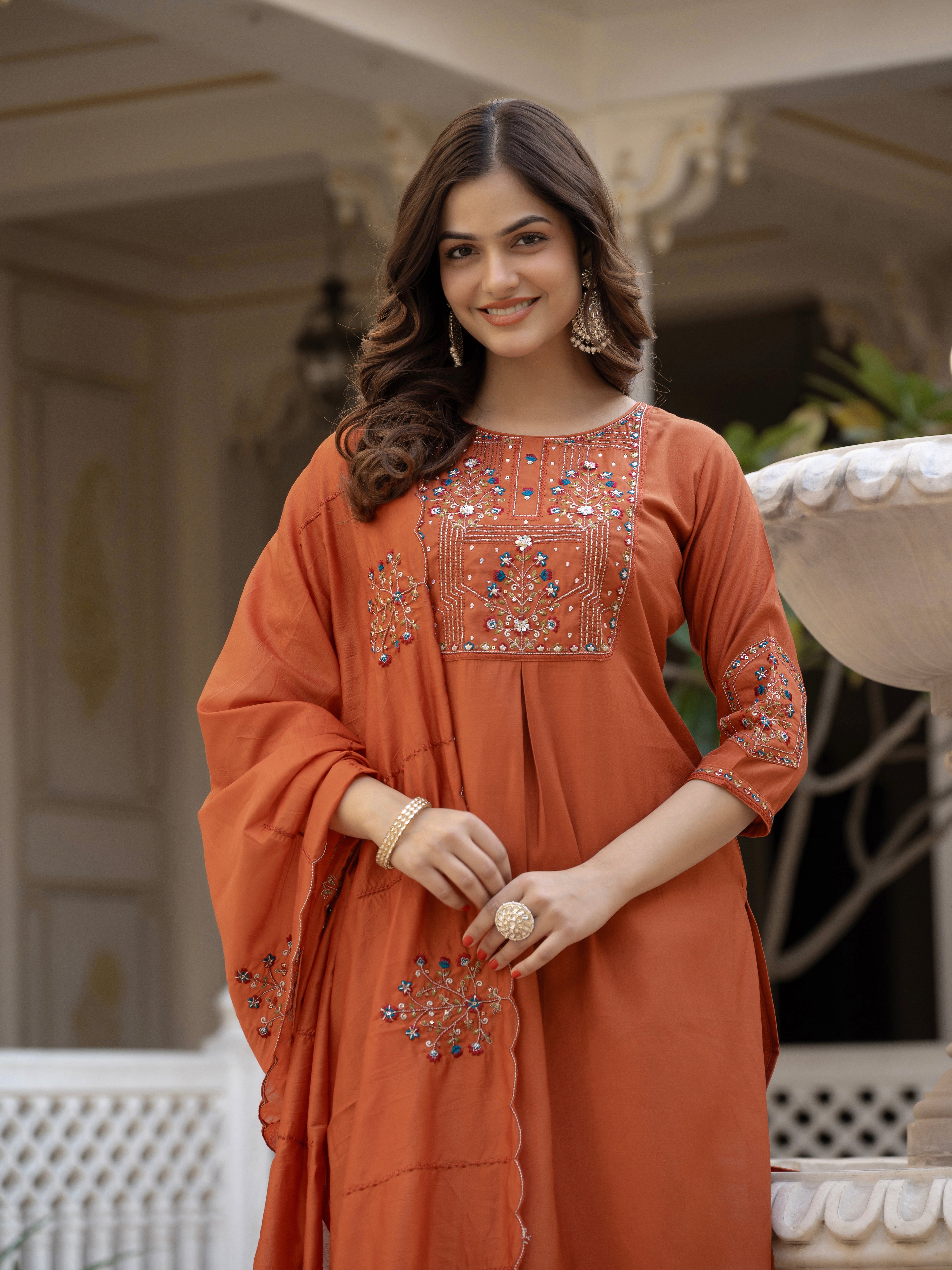 Hanch Pure Viscose Mango Silk Embroidered Straight Kurti Set – Rust
