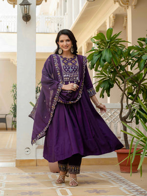 Hanch Viscose Roman Silk Embroidered Anarkali Kurti Set – Purple